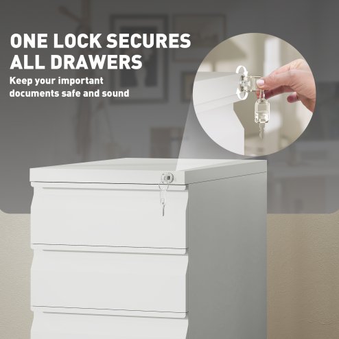 Vinsetto 3-Drawer Filing Cabinet with Lock, Mobile Steel File Cabinet for A4, Legal and Letter Size, Under Desk Drawers with Pre-Assembled Body for Home Office, 30 x 43.5 x 60 cm, White