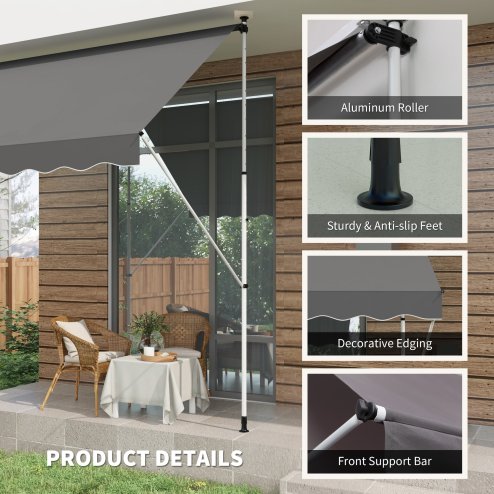 Outsunny Balcony 3 x 1.5m Manual Adjustable Awning, DIY Patio Clamp Awning Canopy, Retractable Shade Shelter Easy to Move for Balcony, Grey