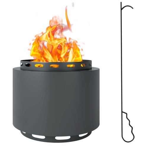 Outsunny Smokeless Fire Pit, 48.5cm Portable Wood Burning Firepit with Poker for Garden Camping Bonfire Party, Metal, Dark Grey