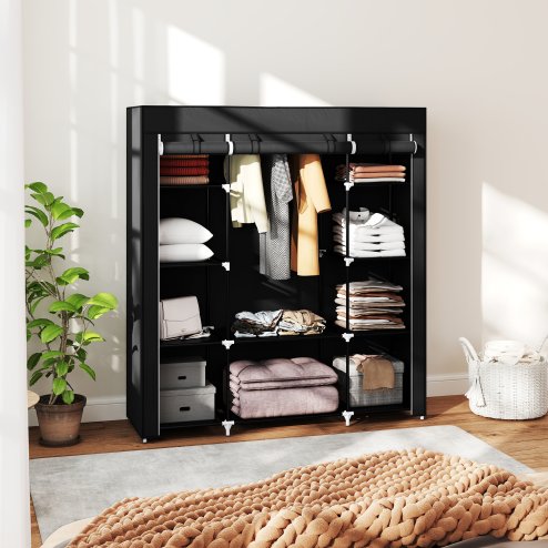 HOMCOM Portable Wardrobe, Foldable Fabric Wardrobe, 150 x 43 x 162.5cm, Clothes Storage Organiser with Hanging Rail, Shelves, Fabric Cover for Bedroom, Black