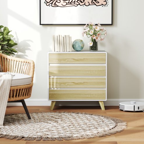 HOMCOM Chest of Drawers, 4-Drawer Storage Cabinet Organiser with Legs for Bedroom, Living Room, White and Oak