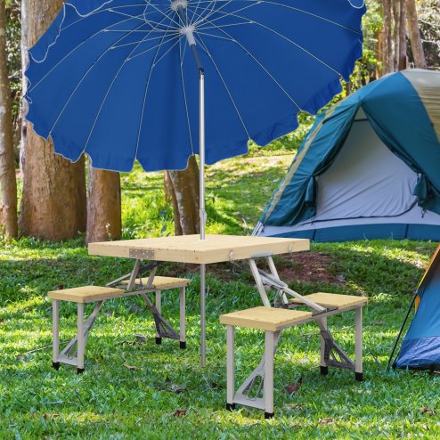 Outsunny Folding Wooden Picnic Table with Seats and Umbrella Hole, Aluminium Frame Portable Camping Table and Chairs Set, for Patio, Yard, Porch and Garden