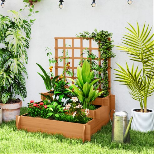 Outsunny 3 Tier Planters with Trellis for Vine Climbing, Wooden Raised Beds for Garden Patio, Outdoor Planter Box for Vegetables, Flowers, Herbs, Brown