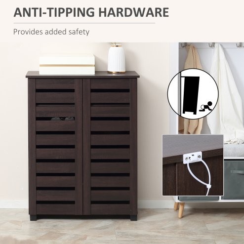 HOMCOM Narrow Shoe Cabinet for Entryway, 5-Tier Slim Shoe Storage Cabinet with 2 Slatted Doors and Adjustable Shelves for 15 Pairs, Dark Brown