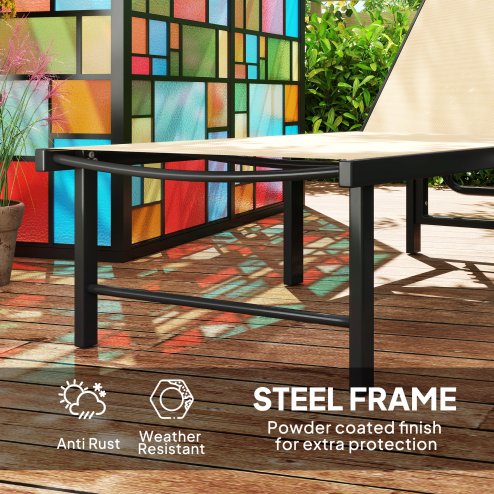 Outsunny Sun Lounger for Garden, 5-Level Adjustable Reclining Sun Lounger Chair, Flat Garden Lounger Sunbed with Texteline Seat, Steel Frame for Patio, Beach, Khaki