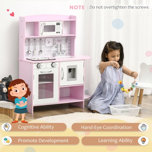 HOMCOM Children Wooden Play Kitchen w/ Lights Sounds, Kids Kitchen Playset w/ Water dispenser, Microwave, Utensils, Sink, Storage, for Ages 3-6 Years - Pink
