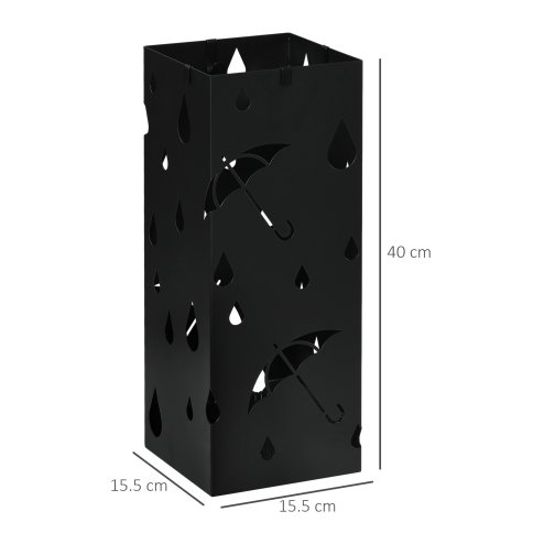 HOMCOM Steel Umbrella Stand, Square Umbrella Holder with 4 Hooks and Removable Drip Tray, Hollowed Umbrella Basket for Hallway