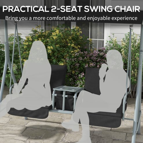 Outsunny 2 Seater Garden Swing Chair Patio Rocking Bench w/ Tilting Canopy, Double Padded Seats, Storage Bag and Tray, Black