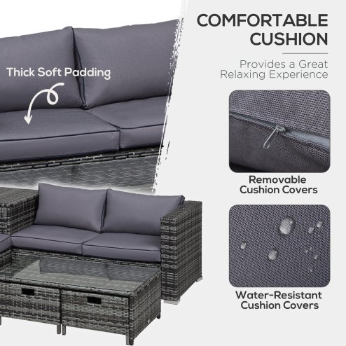 Outsunny 4 Pieces Rattan Garden Furniture Set, 4 Seater Corner Sofa Set with Storage Box, 2 Drawers Coffee Table, Loveseats with Cushions, Wicker Garden Conservatory Furniture for Balcony, Grey