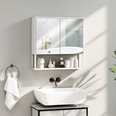 HOMCOM Bathroom Mirror Cabinet Wall Mounted with Soft-Close Doors and Adjustable Shelf, Industrial Bathroom Wall Cabinet with Open Storage, 60 x 16 x 60 cm