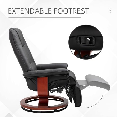 HOMCOM 360° Swivel Recliner Chair with Footstool, Manual Recliner Armchair with Wooden Base, Linen-Like Upholstered Reclining Chair for Living Room, Bedroom, Office, Black