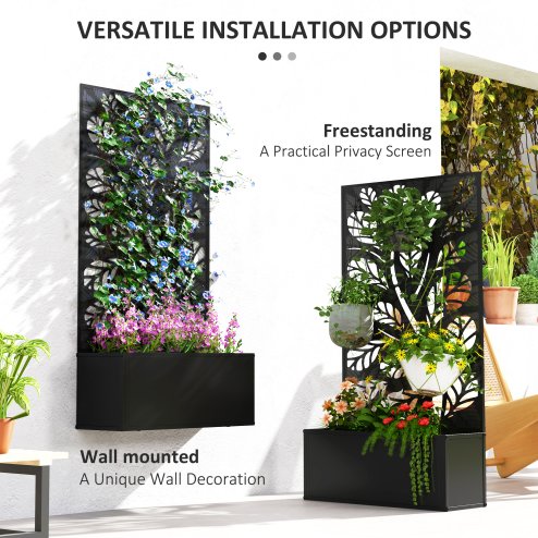 Outsunny Metal Garden Bed with Trellis, Wall Mounted or Freestanding Raised Planter with Privacy Panel, Twig and Leaf Cut-out Privacy Screen with Planter Box for Climbing Plants, Flowers, Vegetables