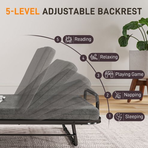 HOMCOM Folding Bed with Mattress, Foldable Guest Bed on Wheels, Portable Single Bed with 7cm Mattress, 188 x 76cm, Grey