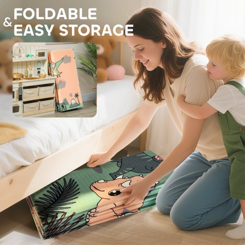 AIYAPLAY Baby Play Mat Double Sided, Foldable & Reversible Activity Playmat, Waterproof Kids Foam Crawling Mat for Outdoor Indoor Playtime Picnics, 196 x 176 x 1.5cm, Dinosaur Theme