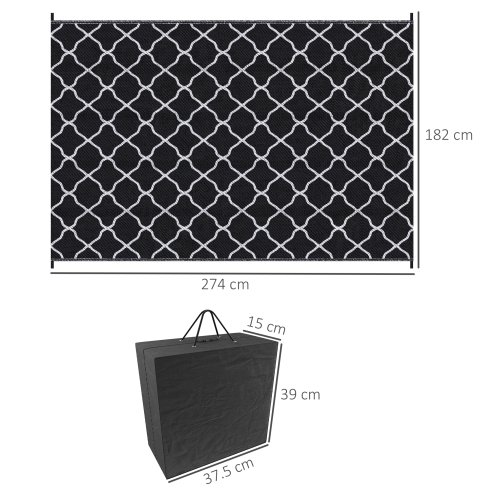 Outsunny Reversible Outdoor Rug with Carry Bag, Waterproof Plastic Straw Mat for Garden, Deck, RV, Picnic, Beach, Camping, 182 x 274cm, Black