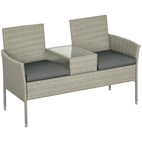 Outsunny 2 Seat Rattan Garden Bench, Patio Wicker Chair with Glass Tea Table, Outdoor Love Seat with Padded Cushions, for Garden, Porch, Mixed Grey/Grey