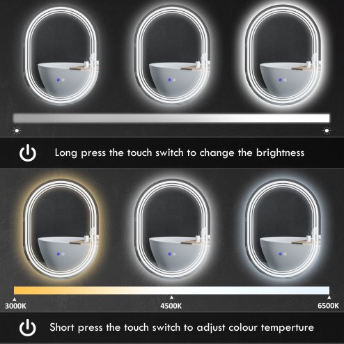 kleankin Bathroom Mirror with LED Lights, 70 x 50cm Dimmable Makeup Mirror with 3 Colour Light, Anti-fog, Memory Function, Touch Switch, Vertical or Horizontal Mounted