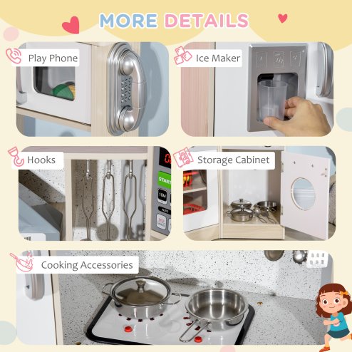 HOMCOM Kids Kitchen Playset Pretend Toy Kitchen w/ Role Play Accessories, Sound and Light Effects, Phone, Storage Space