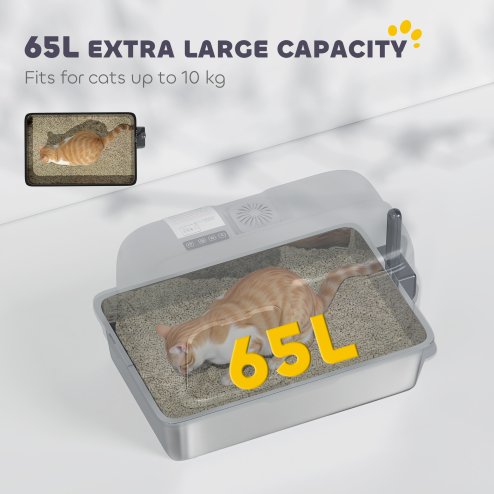 PawHut Stainless Steel Litter Tray with Plasma Deodoriser System, 65L Extra Large Enclosed Litter Box with Lid High, Sided Wall and Scoop for Larger Cats, Easy to Clean & Odour-Resistant, Grey
