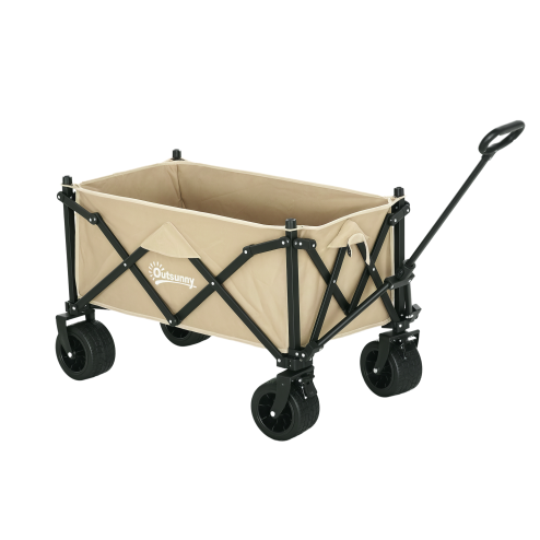 Outsunny 110L Festival Trolley on Wheels, Folding Camping Trolley Cart with Telescopic Handle, Carry Bag and All-Terrain Big Wheels, for Garden, Beach, Fishing, Black, Khaki