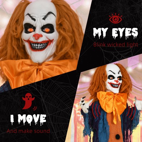HOMCOM 168 cm Life Size Halloween Animated Standing Circus Clown with Red Light Up Eyes, Sound Activated Moving Arms & Body, Scary Clown Halloween Decorations, Battery Operated, Indoor Party Props