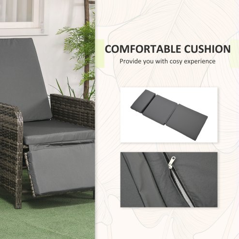 Outsunny 3 Pieces Garden Rattan Bistro Set with Adjustable Backrest, Balcony Conversation Furniture Set with 2 Armchairs Tempered Glass Coffee Table, Cushions, Storage Function - Mix-Grey