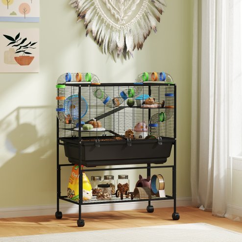 PawHut Hamster Cage, 3 Tier Large Gerbil Cage on Wheels with 17 cm Deep Tray, Storage Shelf, Big Exercise Wheel, Tube System, Hut, Platforms, Ramps, Food Dish, Water Bottle, for Syrian Hamsters, Rats