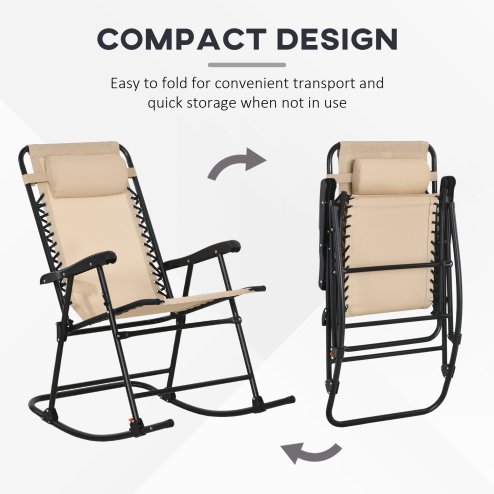 Outsunny Garden Rocking Chair Folding Outdoor Adjustable Rocker Zero-Gravity Seat with Headrest Camping Fishing Patio Deck, 95 x 64 x 106 cm - Beige