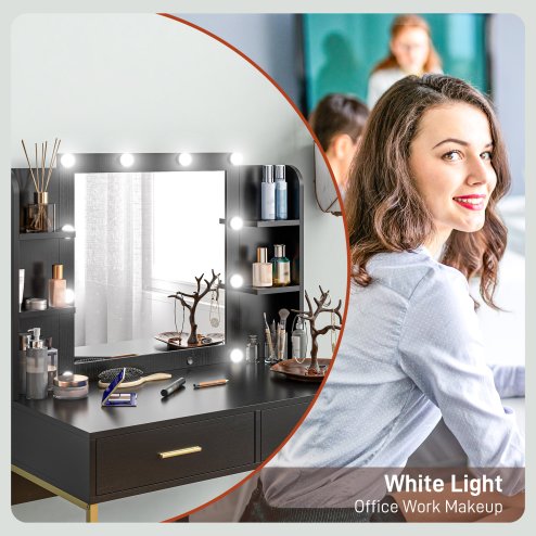 HOMCOM Dressing Table with Lighted Mirror, Cushioned Stool, Drawers, Shelves, LED Makeup Vanity Desk Set, Modern Dresser Vanity Table for Bedroom, Black