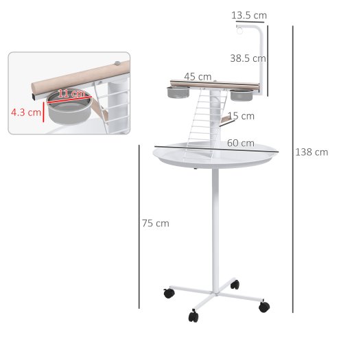 PawHut Bird Table, Bird Feeding Station with Wheels, Perches, Stainless Steel Feed Bowls, Round Tray for Indoor - White