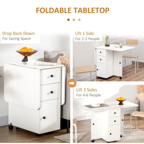HOMCOM Folding Dining Table for 4-6, Rolling Drop Leaf Table on Wheels with Storage Drawers, Cabinet and Open Shelf for Kitchen, Dining Room