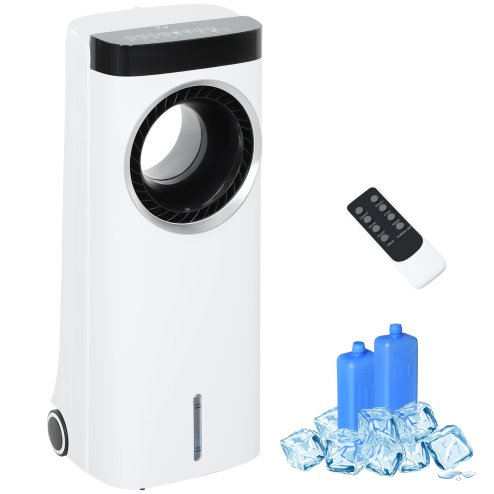 HOMCOM Evaporative Air Cooler, 6.5L 4-in-1 Bladeless Portable Cooler, Fan, Humidifier, Air Clean Anion with Oscillation, 6 Speeds, 24H Timer, Sleep Mode, 2 Ice Packs, Wheels, Remote, for Home Office