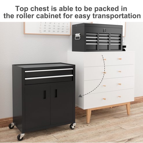 HOMCOM Tool Chest, Metal Tool Cabinet on Wheels with 6 Drawers, Pegboard, Top Chest and Roller Cabinet Combo, 61.6 x 33 x 108cm, Black