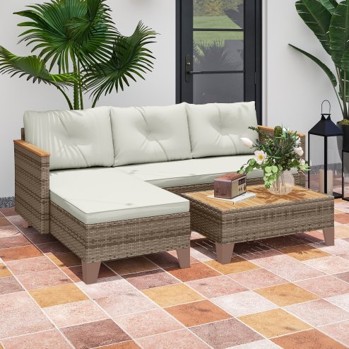 Outsunny 3 Pieces Rattan Garden Furniture Set, L Shaped Garden Conversation Chaise Lounge Furniture with Wood Top Coffee Table and Thick Cushions, Cream