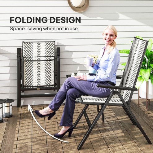 Outsunny Rattan Folding Chair Outdoor Set of 2, 5-Position Adjustable Wicker Garden Dining Chair with High Backrest, Wide Armrest, for Patio, Terrace, Balcony, Grey