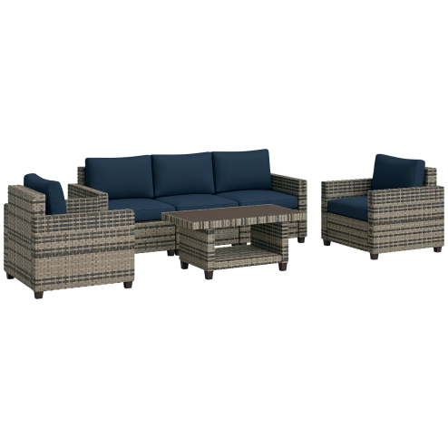 Outsunny 6 Pieces Rattan Garden Furniture Set, 5 Seater Wicker Outdoor Furniture Set with 2 Armchairs, Steel Frame Coffee Table and Cushions for Balcony, Porch, Navy Blue