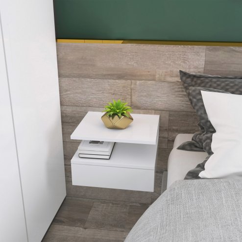 HOMCOM Floating Bedside Table Set of 2, Wall Mount Nightstands with Storage Drawer and Open Shelf for Bedroom, White