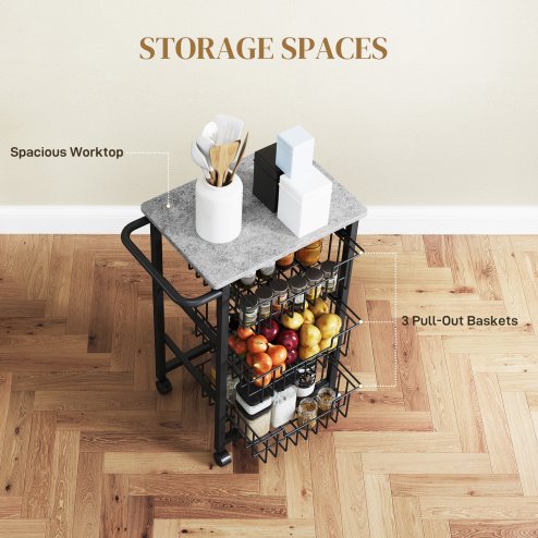HOMCOM 3-Tier Kitchen Island on Wheels, Rolling Kitchen Storage Trolley with 3 Pull-Out Mesh Baskets, Mobile Utility Serving Cart, Light Grey