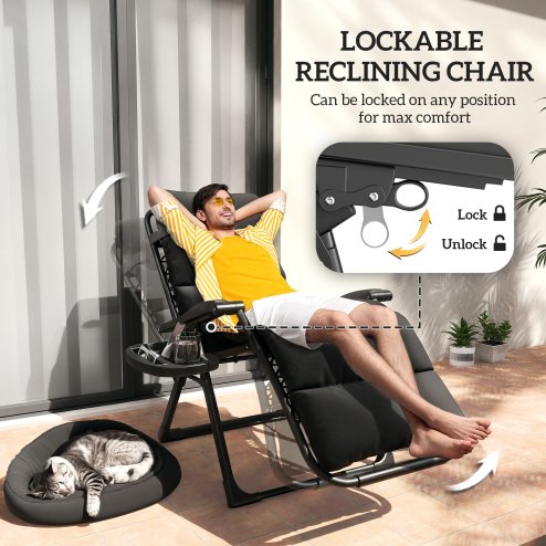 Outsunny Zero Gravity Chairs Set of 2, Folding Reclining Garden Chair, Outdoor Sun Lounger with Cushion, Garden Recliner Chairs with Headrest and Cup Phone Holder Tray for Beach, Black