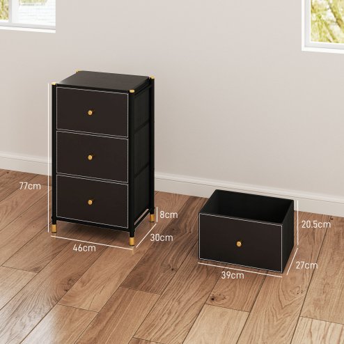 HOMCOM Chest of Drawers, 3 Drawer Fabric Dresser with PU Leather Surface, Steel Frame, Storage Organizer Unit for Bedroom, Living Room, Hallway, Closet, Easy to Assemble, Black