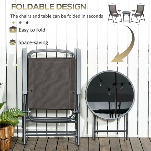 Outsunny Garden Bistro Set, 3 Pieces Table and Chairs Set, Outdoor Garden Furniture with Foldable Breathable Mesh Fabric Armchairs & Glass Top Coffee Table, Dark Grey