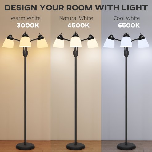 HOMCOM Arc Tree Floor Lamp with 3 Adjustable Rotating Lights and 3000K/4500K/6500K Colour Temperatures, Industrial Standing Lamp with Steel Frame for Bedroom Living Room, 155cm, Black