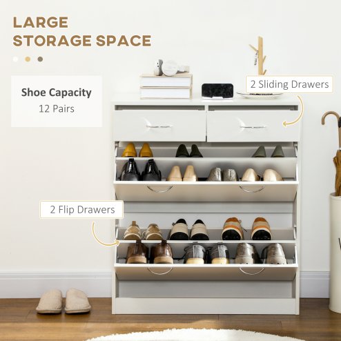 HOMCOM Narrow Shoe Cabinet, Slim Shoe Storage Cabinet with 2 Flip Drawers, 2 Slide Out Drawers and Adjustable Shelves for 12 Pairs of Shoes for Entryway Hallway