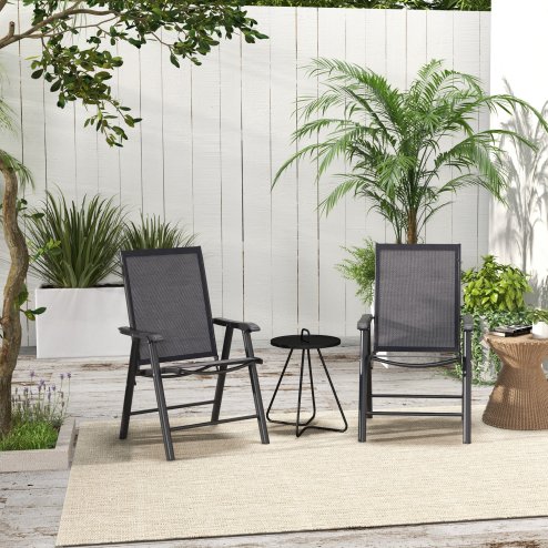 Outsunny Set of 2 Folding Garden Chairs, Metal Frame Garden Chairs Outdoor Patio Park Dining Seat with Breathable Mesh Seat, Dark Grey