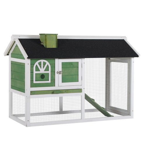 PawHut 2 Tiers Rabbit Hutch and Run Wooden Guinea Pig Hutch Outdoor with Sliding Tray, Ramp, Water-resistant Roof, for 2-4 Rabbits, Green