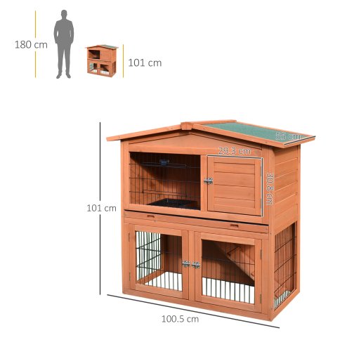 PawHut Rabbit Hutch Outdoor Guinea Pig Hutch 2-Tier Bunny Cage with No-Leak Tray 100.5 x 55 x 101 cm