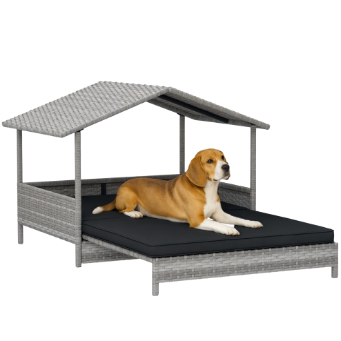 PawHut Rattan Dog House, Extendable Outdoor Wicker Dog Bed w/ Water-Resistant Roof, Removable Cushion, for Small and Medium Dogs - Charcoal Grey