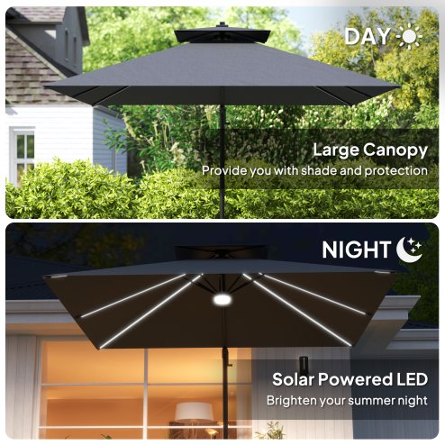 Outsunny 2.5m Cantilever Parasol with Solar Powered LED Lights, Double Top Square Overhanging Garden Parasol with 360 Rotation, Tilt Adjustment, Crank Handle, Dark Grey