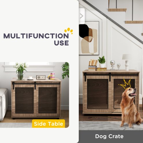 PawHut Dog Crate Furniture, Dog Cage End Table with Sliding Door, Pet Kennel for Large Breeds, 98 x 60 x 78cm, Walnut Brown