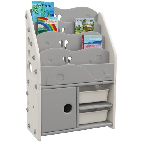 AIYAPLAY Kids Storage Units, Toy Organiser with 2 Storage Boxes, 4 Tier Bookshelf, Cabinet, for Playroom, Bedroom, Kid Room, Living Room, 67 x 29 x 98cm, Light Grey